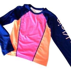 Calvin Klein Girls Navy Pink Orange Long Sleeve UV Rash Guard Swim Top Size 8/10